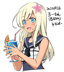 Rule 34 | 1girl, artist name, black neckerchief, blonde hair, blue eyes, blue sailor collar, commentary request, crop top, cup, dated, drink, drinking straw, flower, hair flower, hair ornament, holding, holding cup, kantai collection, monsuu (hoffman), neckerchief, one-hour drawing challenge, one-piece tan, ro-500 (kancolle), sailor collar, simple background, solo, swimsuit, swimsuit under clothes, tan, tanline, upper body, white background