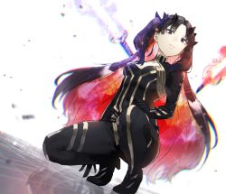 Rule 34 | 1girl, bad id, bad pixiv id, black bodysuit, black bow, black eyes, black gloves, black hair, bodysuit, bow, breasts, chromatic aberration, cleavage cutout, closed mouth, clothing cutout, dutch angle, energy sword, fate/grand order, fate (series), floating, floating object, floating weapon, full body, giji (gishi2186), gloves, hair bow, horns, ishtar (fate), long hair, looking at viewer, multicolored hair, red hair, reflective floor, small breasts, smile, solo, space ishtar (fate), space ishtar (first ascension) (fate), squatting, sword, two-tone hair, two side up, very long hair, weapon