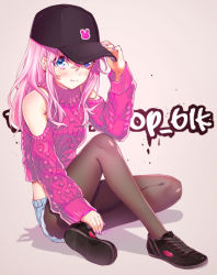 Rule 34 | 1girl, aran sweater, bad id, bad pixiv id, bare shoulders, baseball cap, blue eyes, cable knit, cropped sweater, earrings, full body, graffiti, hat, jewelry, long hair, looking at viewer, nail polish, original, pantyhose, pantyhose under shorts, pink hair, shoes, short shorts, shorts, sitting, sneakers, sweater, text background, text focus, turtleneck, yutsumoe
