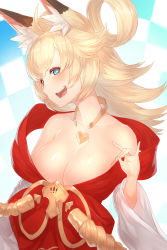 Rule 34 | 1girl, :d, ahoge, animal ear fluff, bad id, bad pixiv id, bare shoulders, blonde hair, blue eyes, blush, breasts, cleavage, collarbone, eyelashes, flipped hair, fox shadow puppet, hair between eyes, hair rings, highres, hikimayu, inaho (world flipper), jewelry, large breasts, long hair, long sleeves, looking at viewer, low neckline, open mouth, rope, shimenawa, shirt, short eyebrows, smile, solo, star-shaped pupils, star (symbol), symbol-shaped pupils, white shirt, wide sleeves, world flipper, yu mochi (kamiinu)