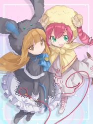 Rule 34 | 2girls, :3, :d, :o, animal ears, animal hood, black dress, black footwear, blue bow, blunt bangs, boots, bow, brown eyes, brown hair, clothes writing, commentary request, cross-laced footwear, dress, drill hair, duel monster, ebon magician curran, floral background, full body, gradient background, green eyes, heart, highres, holding, holding wand, holding whip, hood, horns, lace-up boots, long hair, looking to the side, multiple girls, open mouth, pink hair, pleated dress, pom pom (clothes), poncho, rabbit ears, rabbit hood, shadow, sheep hood, sheep horns, sidelocks, smile, tsumayouji (dekosoko), twin drills, wand, whip, white dress, white footwear, white magician pikeru, wide sleeves, yu-gi-oh!