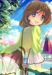 Rule 34 | 1girl, :d, absurdres, amazuyu tatsuki, blue eyes, brown hair, cowboy shot, day, from side, hair between eyes, highres, komaki ikuno, leaning forward, long hair, looking at viewer, looking back, miniskirt, open mouth, outdoors, pleated skirt, shirt, skirt, smile, solo, sunlight, to heart, to heart (series), to heart 2, water, white skirt