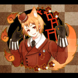 Rule 34 | 1boy, axis powers hetalia, bad id, bad pixiv id, blonde hair, fang, gloves, hat, inrice, male focus, mini hat, mini top hat, necktie, open mouth, red eyes, ribbon, romania (hetalia), short hair, smile, solo, top hat