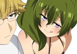 Rule 34 | 1boy, 1girl, :&gt;, :q, :|, arm strap, blonde hair, blush, breasts, brown eyes, closed mouth, commentary request, glasses, green hair, half-closed eyes, highres, jitome, land (sousou no frieren), large breasts, licking lips, looking at another, purple eyes, sakura 1110ssmm, sousou no frieren, tongue, tongue out, ubel (sousou no frieren)
