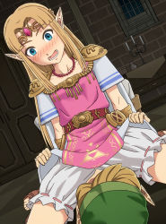Rule 34 | 1boy, 1girl, blonde hair, bloomers, blue eyes, blush, brown hair, candle, clothes lift, dress, dress lift, elf, gem, girl on top, hat, highres, indoors, jewelry, link, long hair, looking down, lying, neck, necklace, nintendo, on back, open mouth, pink dress, pointy ears, princess zelda, sitting, sitting on face, sitting on person, skirt, skirt lift, spread legs, super smash bros., surprised, the legend of zelda, the legend of zelda: a link between worlds, the legend of zelda: a link to the past, tiara, triforce, underwear, upskirt, window