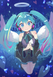 Rule 34 | 1girl, angel, angel wings, arrow (symbol), blue eyes, blue hair, collared shirt, cursor, detached sleeves, electric angel (vocaloid), feathered wings, flower, flower headphones, halo, hatsune miku, headphones, heart, highres, long hair, long sleeves, nail polish, neck ribbon, own hands together, ribbon, shirt, skirt, sleeveless, sleeveless shirt, smile, solo, sorami, twintails, vocaloid, wings