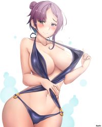 Rule 34 | 1girl, absurdres, areola slip, artist name, bare arms, bare shoulders, black one-piece swimsuit, blush, breasts, cleavage, closed mouth, clothes pull, collarbone, cowboy shot, curvy, eioh (grand sphere), grand sphere, green eyes, groin, hair bun, hair over one eye, hand on own stomach, hand up, heterochromia, highres, jay87k, large breasts, legs together, looking at viewer, navel, o-ring, o-ring swimsuit, one-piece swimsuit, one-piece swimsuit pull, pink lips, pulled by self, purple eyes, purple hair, shiny skin, short hair, side bun, single side bun, smile, solo, standing, stomach, swimsuit, thick thighs, thighhighs, thighs, wide hips