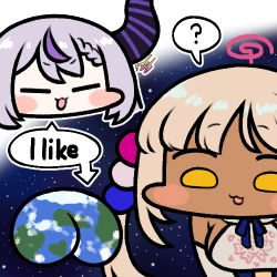 Rule 34 | 2girls, ?, breasts, chibi, closed eyes, dark-skinned female, dark skin, demon girl, demon horns, earth (planet), english text, hair ornament, hololive, hololive english, horns, jazz jack, la+ darknesss, large breasts, light brown hair, light purple hair, limiter (tsukumo sana), long hair, lowres, multicolored hair, multiple girls, open mouth, planet, planet hair ornament, pun, purple hair, signature, sky, smile, space, speech bubble, spoken question mark, star (sky), starry sky, streaked hair, tsukumo sana, tsukumo sana (1st costume), twintails, two-tone hair, very long hair, virtual youtuber, yellow eyes