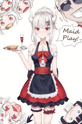 Rule 34 | 6+girls, alcohol, apron, azazel (helltaker), bare shoulders, black apron, black dress, blush, book, bow, breasts, cerberus (helltaker), collarbone, cup, demon girl, demon horns, demon tail, dress, drinking glass, english text, food, fork, frilled apron, frills, grey hair, grin, helltaker, highres, holding, holding book, holding tray, horns, justice (helltaker), large breasts, looking at viewer, lucifer (helltaker), medium breasts, modeus (helltaker), mole, mole under eye, multiple girls, pancake, ramyun sari, red bow, red dress, red eyes, shirt, siblings, simple background, smile, solo focus, sunglasses, tail, tray, triplets, white background, white hair, white horns, wine, wine glass