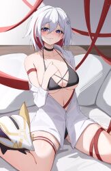 Rule 34 | 1girl, black gloves, blue eyes, breasts, colored inner hair, gloves, hair ornament, hand on own chest, highres, honkai: star rail, honkai (series), looking at viewer, multicolored hair, nenight, numby (honkai: star rail), on bed, red hair, red ribbon, ribbon, shirt, short hair, single bare shoulder, sitting, streaked hair, topaz (honkai: star rail), trotter (honkai: star rail), wariza, white hair, white shirt