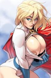 Rule 34 | 1girl, ass, blonde hair, blue eyes, breasts, cape, cleavage, cleavage cutout, cleavage reach, clothing cutout, dc comics, large breasts, leotard, lipstick, lowres, makeup, nipples, power girl, revealing clothes, solo, superhero costume, tagme, upper body