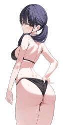 1girl absurdres apii ass bikini black_bikini black_hair blush boku_no_kokoro_no_yabai_yatsu breasts brown_hair cowboy_shot fingernails from_behind hair_between_eyes highres long_hair looking_at_viewer sideboob sidelocks simple_background solo sweatdrop swimsuit thighs white_background yamada_anna