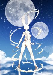 Rule 34 | 1girl, absurdres, ass, back, blue background, blue sky, body fur, breasts, cloud, cum, day, female focus, from behind, full body, full moon, furry, furry female, gradient sky, highres, kneepits, liquid, moon, multiple moons, nipples, original, outdoors, rabbit ears, rabbit girl, rabbit tail, reflection, reflective water, sky, small breasts, solo, standing, standing on liquid, star (symbol), tiptoes, usamimi (umisag85rabb99)