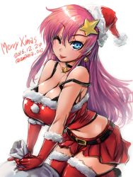 Rule 34 | 1girl, ;p, amania orz, bare shoulders, bell, bell earrings, belt, blue eyes, breasts, buckle, choker, christmas, cleavage, collarbone, crop top, dated, earrings, fur-trimmed gloves, fur-trimmed legwear, fur trim, gloves, gundam, gundam seed, gundam seed destiny, hair ornament, hat, jewelry, large breasts, long hair, meer campbell, merry christmas, one eye closed, pink hair, red gloves, red skirt, red thighhighs, sack, santa costume, santa gloves, santa hat, sidelocks, skirt, solo, star (symbol), star hair ornament, strap slip, thighhighs, tongue, tongue out, twitter username, white background