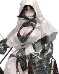 Rule 34 | 1girl, armor, belt, black hair, breasts, capelet, cleavage, cleavage cutout, closed mouth, clothing cutout, cowboy shot, garter straps, gauntlets, grey eyes, highres, holding, holding weapon, hood, hood up, ibu0024, large breasts, leotard, lips, looking at viewer, original, short hair, simple background, solo, sword, weapon, white background