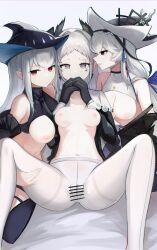 Rule 34 | 3girls, absurdres, adapted costume, arknights, bar censor, black gloves, black headwear, breasts, cameltoe, censored, fff threesome, gloves, grey eyes, grey hair, group sex, hat, highres, irene (arknights), large breasts, long hair, medium breasts, mizuhashi parusui, multiple girls, navel, nipples, open clothes, open shirt, own hands together, pantyhose, red eyes, scar, scar across eye, skadi (arknights), specter (arknights), specter the unchained (arknights), spread legs, thighband pantyhose, threesome, very long hair, white pantyhose, yuri