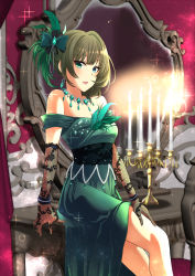 Rule 34 | 1girl, :d, asymmetrical hair, blue eyes, bow, bracelet, breasts, candle, cleavage, dress, elbow gloves, feathers, fishnet gloves, fishnets, gloves, green bow, green dress, green eyes, green feathers, green hair, hair bow, hand on lap, heterochromia, idolmaster, idolmaster cinderella girls, indoors, jewelry, looking at viewer, medium breasts, mirror, mole, mole under eye, necklace, nightgown, off shoulder, open mouth, pretty liar (idolmaster), shirakaba masara, short hair, sitting, sleeveless, sleeveless dress, smile, solo, takagaki kaede