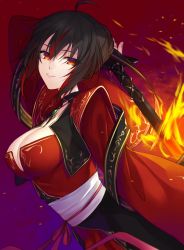 Rule 34 | 1girl, breasts, chinese clothes, fate/empire of dirt, fate (series), fire, japanese clothes, kan&#039;yu (citron 82), kimono, large breasts, liu xiu (fate/empire of dirt), long hair, looking at viewer, original, ponytail, red eyes, red hair, smile, solo