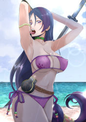 Rule 34 | 1girl, armlet, licking armpit, armpits, arms up, beach, beads, bikini, breasts, choker, commentary request, cowboy shot, eyepatch bikini, fate/grand order, fate (series), hair between eyes, highres, large breasts, licking, long hair, looking at viewer, low-tied long hair, midriff, minamoto no raikou (fate), minamoto no raikou (fate/grand order), minamoto no raikou (swimsuit lancer) (fate), navel, okashizuru, parted bangs, partial commentary, purple bikini, purple eyes, purple hair, side-tie bikini bottom, solo, standing, strapless, strapless bikini, swimsuit, sword, tongue, tongue out, very long hair, water, weapon