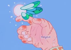 Rule 34 | absurdres, artist name, blue background, bruise, commentary, english commentary, fairy, fairy wings, highres, injury, link, meyoco, nintendo, on finger, scar, scar on hand, simple background, the legend of zelda, wings