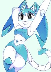 Rule 34 | 1girl, android, animal ears, arm behind head, arm up, breasts, cat ears, cat tail, colored skin, crop top, green hair, grin, jenny wakeman, joints, looking at viewer, medium breasts, midriff, my life as a teenage robot, navel, punipaws, robot, robot joints, skirt, smile, solo, tail, twintails, white skin