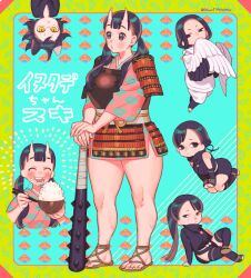 Rule 34 | 5girls, ^ ^, animal ears, armor, benichidori, black eyes, black hair, black kimono, black scarf, black thighhighs, blue background, border, bowl, breastplate, cat ears, cat girl, character name, chipped tooth, closed eyes, club, club (weapon), commentary request, double-parted bangs, dungeon meshi, epaulettes, food, food on face, green border, hien, horns, inutade, izutsumi, japanese armor, japanese clothes, kanabou, kimono, kusazuri, light blush, long sleeves, low twintails, maizuru, mole, mole above eye, mole on nose, mole under eye, multiple girls, o3o, oni, parted bangs, pink kimono, ponytail, rice bowl, sara (kurome1127), sash, scarf, short kimono, simple background, skin-covered horns, spiked club, thick thighs, thighhighs, thighs, translated, twintails, twitter username, upside-down, waraji, weapon, white kimono, wide sleeves, yellow eyes