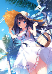 Rule 34 | 1girl, :d, bag, black hair, blue bow, blue eyes, blue ribbon, blue sky, bow, breasts, cloud, commentary request, day, dress, dutch angle, hand on headwear, hands up, hat, hat bow, holding, holding bag, long hair, medium breasts, miyase mahiro, open mouth, original, outdoors, palm tree, ribbon, sky, smile, solo, standing, straw hat, sundress, tree, white dress, wings