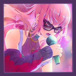 Rule 34 | 1girl, bare shoulders, female focus, highres, hololive, hololive english, jacket, jewelry, long hair, microphone, mori calliope, necklace, off shoulder, open mouth, pink hair, red eyes, sedeto, sunglasses, tagme, tinted eyewear, virtual youtuber