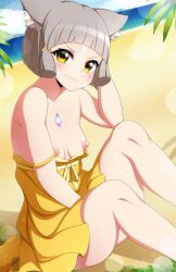 Rule 34 | 1girl, :3, absurdres, animal ears, bare arms, bare legs, bare shoulders, beach, blunt bangs, blush, breasts, breasts out, cat ears, chest jewel, clothes down, day, dress, dress swimsuit, facial mark, feet out of frame, grey hair, highres, nia (fancy sundress) (xenoblade), nia (xenoblade), nipples, ocean, outdoors, short hair, sitting, small breasts, smile, solo, spoilers, strap slip, swimsuit, totallyiryanic, xenoblade chronicles (series), xenoblade chronicles 2, yellow dress, yellow eyes