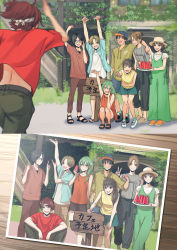 Rule 34 | 4girls, 5boys, :d, absurdres, arm around shoulder, arm behind back, arms up, bad id, bad pixiv id, brown hair, brown shirt, clenched hand, dress, eating, food, fruit, green dress, hair ornament, hairclip, highres, holding, holding plate, index finger raised, leaning forward, macaronk, multiple boys, multiple girls, open mouth, original, outdoors, photo (object), plate, pointing, polka dot, red shirt, shirt, short hair, short sleeves, shorts, sign, skirt, smile, squatting, sweat, v, watermelon, watermelon slice, yellow shirt