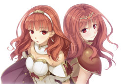 Rule 34 | 2girls, armor, back-to-back, bare shoulders, breastplate, breasts, cape, celica (fire emblem), circlet, cleavage, detached collar, dress, dual persona, earrings, eyebrows, fire emblem, fire emblem echoes: shadows of valentia, fire emblem gaiden, hair ornament, imachireki, jewelry, long hair, looking at viewer, looking back, medium breasts, multiple girls, nintendo, open mouth, red armor, red eyes, red hair, short sleeves, shoulder pads, sleeveless, smile, tiara, upper body, white armor, white dress