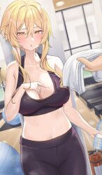 Rule 34 | 1girl, 1other, :o, absurdres, alternate breast size, ball, bare shoulders, black pants, black sports bra, blonde hair, blush, bottle, breasts, cleavage, collarbone, commentary, contemporary, exercise ball, fire extinguisher, genshin impact, gym, hand on own chest, highres, holding, holding bottle, holding towel, indoors, large breasts, long hair, lumine (genshin impact), navel, o-los, open mouth, pants, short hair with long locks, sidelocks, solo focus, sports bra, steaming body, sweat, towel, yellow eyes, yoga pants