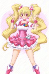 Rule 34 | 00s, 1girl, blonde hair, boots, bow, choker, corset, cure peach, earrings, fresh precure!, frills, hair ornament, heart, heart hair ornament, highres, jewelry, knee boots, long hair, magical girl, momozono love, pink bow, pink eyes, pink footwear, precure, skirt, smile, solo, t2r, twintails, wrist cuffs