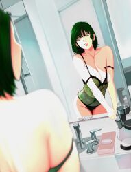Rule 34 | 1girl, absurdres, bathroom, breasts, cleavage, fubuki (one-punch man), green eyes, green hair, highres, large breasts, lingerie, lips, looking at mirror, mirror, one-punch man, reflection, short hair, smile, solo, underwear