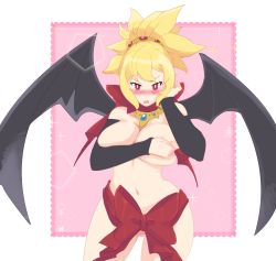 Rule 34 | 1girl, blonde hair, blush, bow, boxas, breasts, covering privates, covering breasts, demon girl, demon wings, detached sleeves, disgaea, hair up, highres, makai senki disgaea 2, naked ribbon, navel, nude, pointy ears, red eyes, ribbon, rozalin, solo, stomach, wings