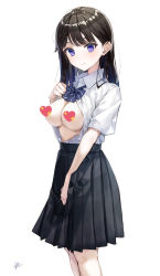 Rule 34 | 1girl, black hair, black skirt, blue bow, blue neckwear, blush, bow, breasts, brown hair, censored, censored nipples, closed mouth, collared shirt, commentary request, emoji, emoji censor, feet out of frame, from side, hand up, heart, heart censor, large breasts, long hair, looking at viewer, medium breasts, open clothes, open shirt, original, pleated skirt, purple eyes, school uniform, shirt, shirt tucked in, short sleeves, simple background, skirt, skirt tug, smile, solo, standing, striped, striped bow, takenoko no you, white background