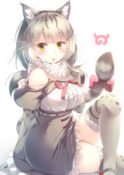 Rule 34 | 10s, 1girl, absurdres, animal ears, bare shoulders, blush, bow, cat ears, cat tail, commentary request, crossed legs, elbow gloves, frilled thighhighs, frills, fur collar, gloves, grey hair, hair tie, high-waist skirt, highres, japari symbol, jungle cat (kemono friends), kanzakietc, kemono friends, long hair, low twintails, multicolored hair, neck ribbon, ribbon, sitting, skirt, sleeveless, solo, tail, tail bow, tail ornament, thighhighs, twintails, yellow eyes, zettai ryouiki