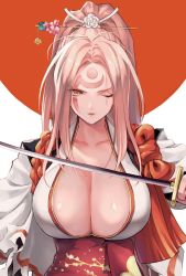 Rule 34 | 1girl, alternate costume, amputee, baiken, big hair, breasts, commentary request, facial tattoo, guilty gear, guilty gear xrd, hair ornament, hair tie, highres, holding, holding sword, holding weapon, huge breasts, jako (toyprn), japanese clothes, kanzashi, kataginu, katana, kimono, multicolored clothes, multicolored kimono, obi, one-eyed, open clothes, open kimono, parted bangs, pink hair, ponytail, sash, scar, scar across eye, scar on face, sidelocks, sword, tattoo, upper body, weapon, white kimono