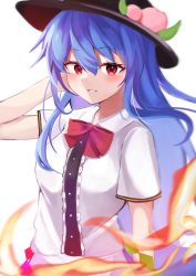 Rule 34 | 1girl, absurdres, arm up, blue hair, blush, bow, bowtie, fire, hair between eyes, hat, highres, hinanawi tenshi, light smile, long hair, looking at viewer, red bow, red bowtie, red eyes, saki (14793221), simple background, solo, touhou, upper body, very long hair, white background