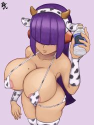Rule 34 | 1girl, absurdres, android, animal ears, animal print, areola slip, artist request, bikini, bottle, breasts, cleavage, closed mouth, cow ears, cow print, fake animal ears, female focus, from above, hair over eyes, highres, hime cut, holding, holding bottle, huge breasts, layer (mega man), lips, long hair, mega man (series), mega man x (series), mole, mole on breast, mole under eye, purple hair, smile, solo, standing, swimsuit, thighhighs, very long hair