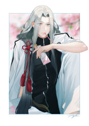 Rule 34 | 1boy, black hair, black shirt, blue eyes, blurry, blurry background, border, cherry blossoms, closed mouth, commentary, elbow rest, feather hair, feet out of frame, flower, flower knot, food, food in mouth, gradient hair, grey hair, hair ornament, hair over shoulder, himetsuru ichimonji (touken ranbu), holding, holding food, jacket, jacket on shoulders, knee up, long hair, looking at viewer, low ponytail, male focus, multicolored hair, outside border, pants, parted bangs, pink flower, pocky, pocky in mouth, shirt, sidelocks, signature, sitting, sleeves rolled up, solo, suda ayaka, symbol-only commentary, tassel, tassel hair ornament, touken ranbu, upper body, white border, white hair, white jacket, white pants