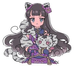Rule 34 | 1girl, :&lt;, animal, animal ears, animal print, black hair, blue eyes, blunt bangs, cat ears, cat tail, chinese clothes, closed mouth, cropped torso, dress, fake animal ears, flower, hair flower, hair ornament, holding, holding animal, kurosu aroma, long hair, looking at viewer, pretty series, pripara, purple dress, purple flower, rituyama1, signature, simple background, solo, standing, tail, tassel, tiger print, wavy hair, white background