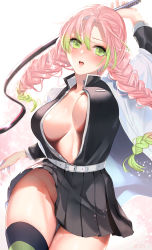 Rule 34 | 1girl, absurdres, arm at side, arm up, belt, black skirt, blush, braid, breasts, cleavage, collarbone, commentary request, eyelashes, gradient hair, green eyes, green hair, groin, hair between eyes, haori, highres, holding, holding whip, huge filesize, japanese clothes, kanroji mitsuri, kimetsu no yaiba, large breasts, long hair, long sleeves, looking at viewer, mole, mole under eye, multicolored hair, no bra, no panties, open clothes, pink hair, pleated skirt, sakiryo kanna, sidelocks, skirt, solo, teeth, tongue, unbuttoned, unbuttoned shirt, underboob, uniform, upper teeth only, whip, white background, white belt, wind, wind lift