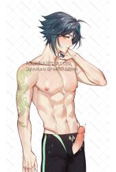 Rule 34 | 1boy, abs, arm tattoo, black male swimwear, closed mouth, genshin impact, green hair, highres, male focus, male swimwear, multicolored hair, muscular, muscular male, navel, nipples, penis, rourouki, solo, tattoo, topless male, water drop, white background, xiao (genshin impact), yellow eyes