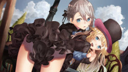Rule 34 | 2girls, ange (princess principal), ass, bad id, bad pixiv id, bent over, black bow, black hat, black jacket, black panties, black skirt, blonde hair, blue bow, blue eyes, blue sky, bow, braid, clothes between thighs, cloud, commentary request, convenient skirt, day, fingernails, fur-trimmed jacket, fur-trimmed sleeves, fur trim, grey hair, hair between eyes, hair bow, hat, heart, highres, jacket, layered skirt, long hair, long sleeves, multiple girls, outdoors, panties, princess (princess principal), princess principal, saraki, signature, skirt, sky, thighs, top hat, tree, underwear, very long hair