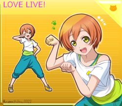 Rule 34 | 1girl, :d, ;d, blue pants, blush, bob cut, character name, collarbone, copyright name, full body, green shirt, hand on own hip, hoshizora rin, looking at viewer, love live!, love live! school idol project, off-shoulder shirt, off shoulder, one eye closed, open mouth, orange hair, pants, paw pose, shirt, short hair, short sleeves, smile, solo, standing, striped background, twitter username, upper body, w over eye, white shirt, yellow background, yellow eyes, yellow footwear, yumechiku