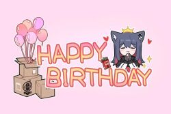 Rule 34 | 1girl, :3, animal ears, arknights, balloon, black gloves, black hair, box, cardboard box, chibi, crown, ear piercing, fingerless gloves, gloves, happy birthday, heart, huang qing ye, jacket, long hair, own hands together, penguin logistics logo, piercing, pink background, red hair, sidelocks, simple background, solo, sparkle, texas (arknights), white jacket, wolf ears