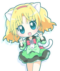 Rule 34 | 1girl, animal ears, blonde hair, blue eyes, blush, bow, cat ears, cat tail, chibi, dress, earrings, hairband, happy, jewelpet (series), jewelpet twinkle, jewelry, mirai (sugar), miria marigold mackenzie, necktie, open mouth, pointing, ribbon, short hair, short twintails, skirt, smile, solo, standing, tail, twintails