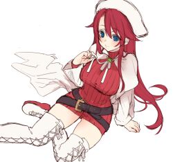 Rule 34 | 1girl, aty (summon night), belt, blue eyes, boots, breasts, capelet, closed mouth, cross-laced footwear, dress, full body, highres, hime gyo, lace-up boots, large breasts, long hair, long sleeves, looking at viewer, red dress, red hair, ribbed sweater, simple background, sitting, skirt, smile, solo, summon night, summon night 3, sweater, thigh boots, thighhighs, white background, white capelet, white footwear, white headwear, white sleeves