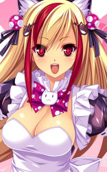 Rule 34 | + +, 1girl, :&lt;, :d, animal ears, beatmania, beatmania iidx, blonde hair, blush, breasts, cat, cat ears, cleavage, detached collar, fangs, female focus, hair ornament, hair ribbon, hairclip, kinoshita ichi, large breasts, long hair, looking at viewer, multicolored hair, open mouth, red eyes, red hair, ribbon, smile, solo, symbol-shaped pupils, the knee socks princess of glass, uniform, upper body